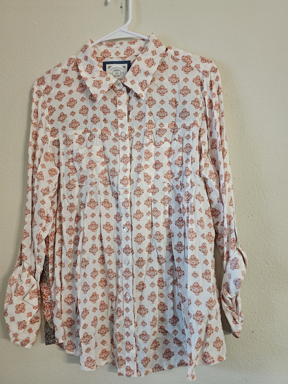 Style & Co. White Button-Down Shirt with Rust Print